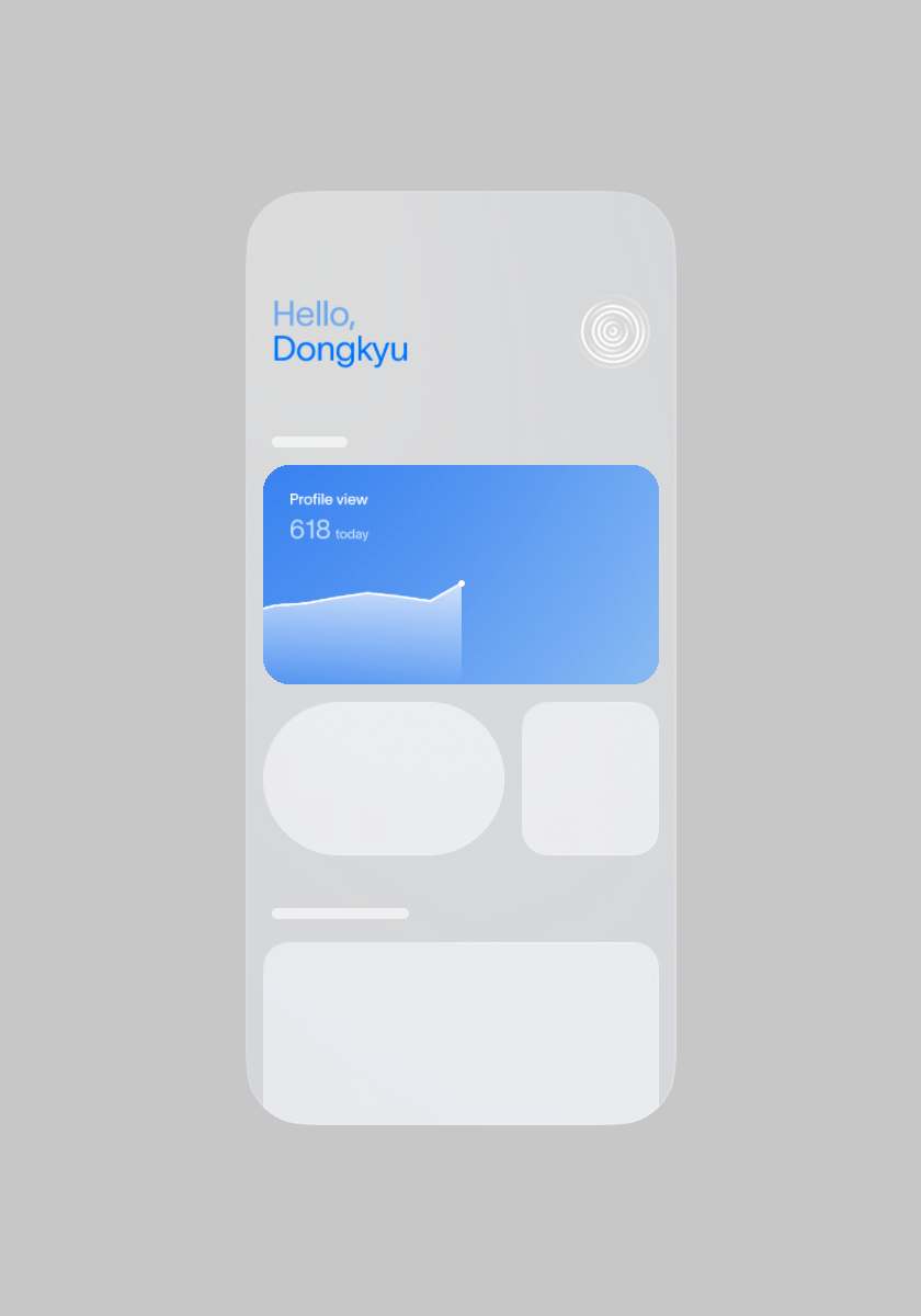An app screen transitions between states. During the transition, a small blue card titled “Profile view” expands to fill the entire screen, transforming into a new page.
